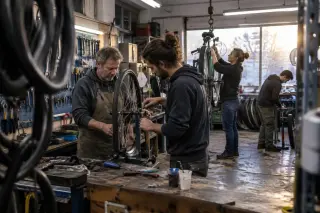Dans un atelier associatif de réparation de vélos, un homme d’une cinquantaine d’années règle une roue près d’un mécanicien
