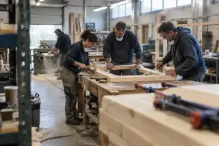 Dans l’atelier de menuiserie d’un centre de formation pour adultes, trois stagiaires assemblent un châssis de fenêtre