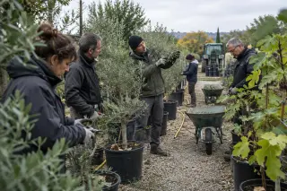 Stagiaires adultes en formation de jardinier paysagiste apprenant la taille dans une pépinière